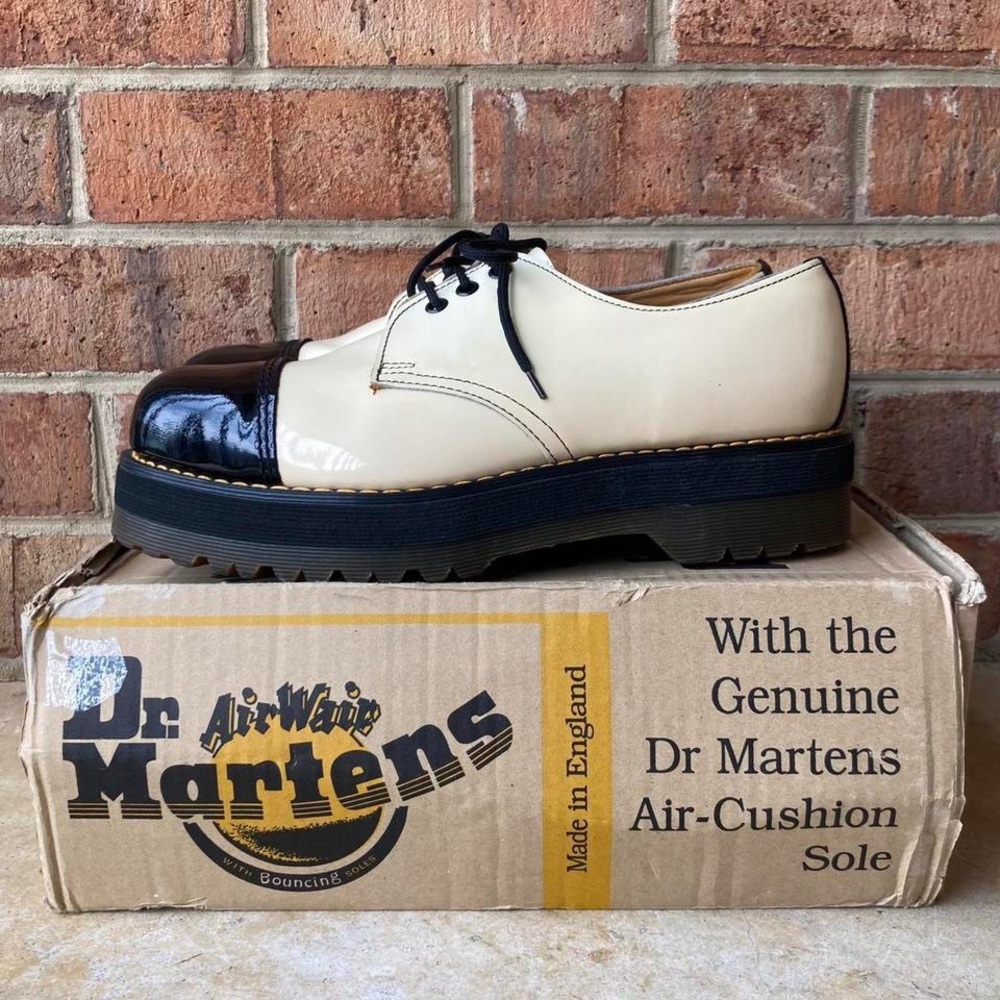 vintage dr. martens MIE 7610 two tone patent steel toe quad platform oxfords